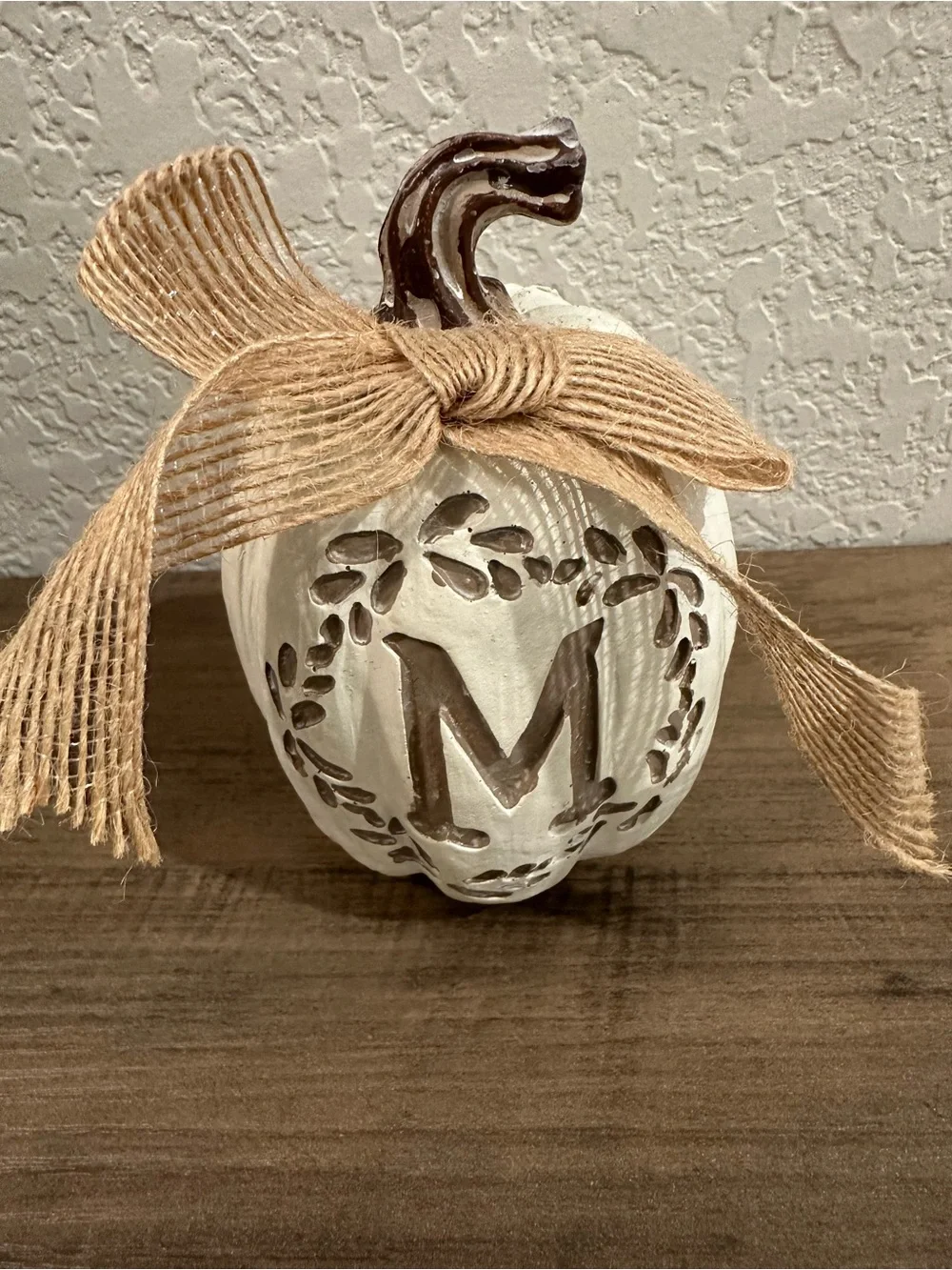 Monogram “M” Decorative Pumpkin With Burlap Bow